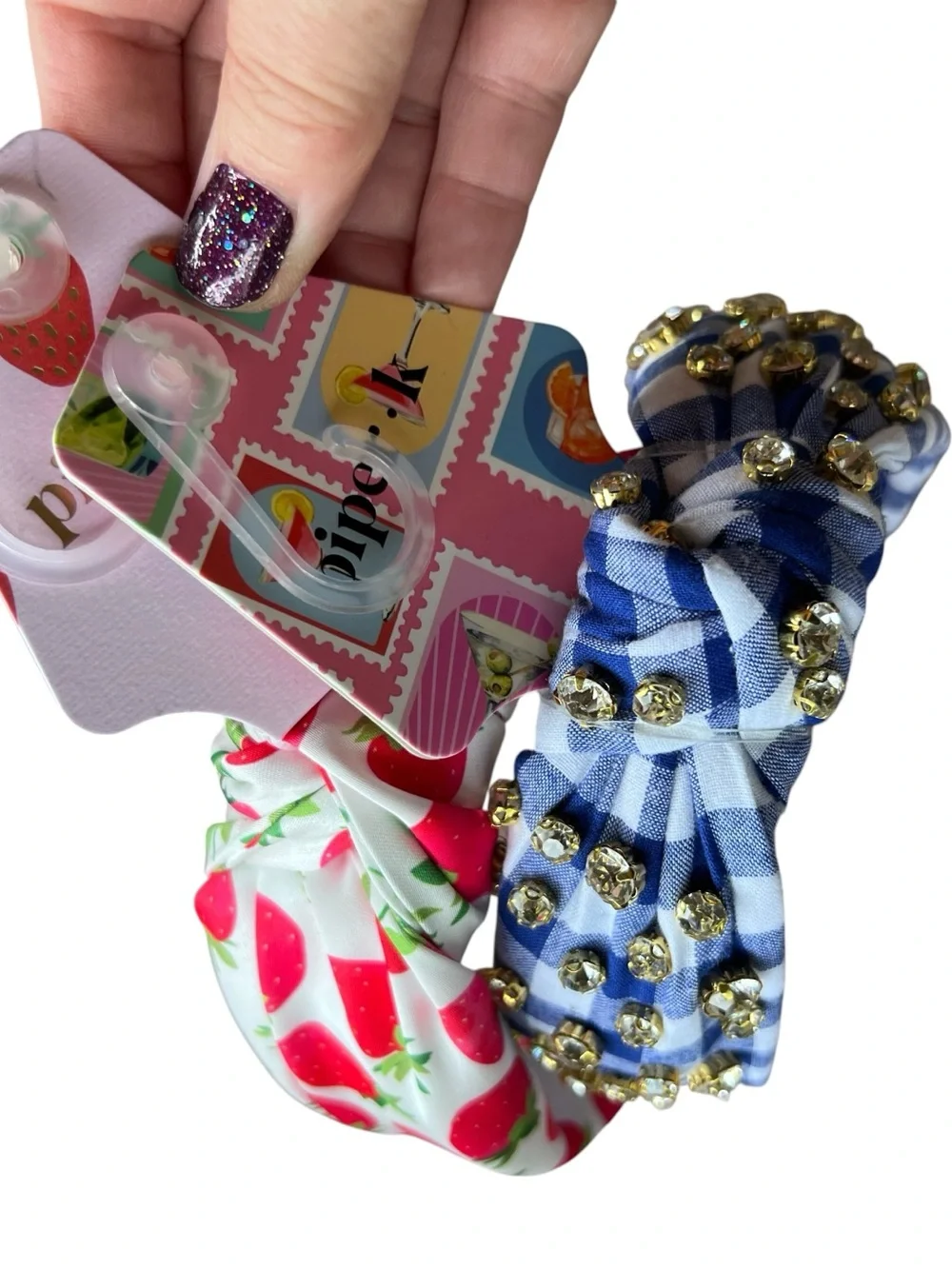Piper K Pair of Headbands Blue White Gingham Rhinestones & A Strawberry Print